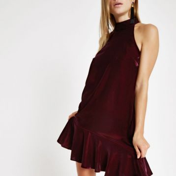 River Island Red velvet halter neck frill swing dress