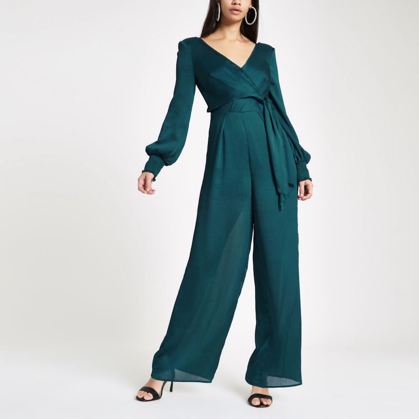 River Island Turquoise wrap front wide leg jumpsuit, Green ...