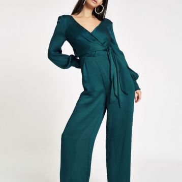 River Island Turquoise wrap front wide leg jumpsuit Green