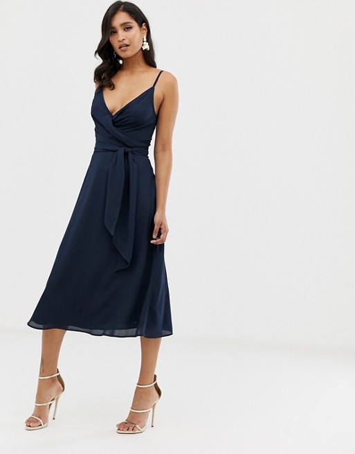 ASOS DESIGN cami wrap midi dress with tie waist Navy Blue myonewedding