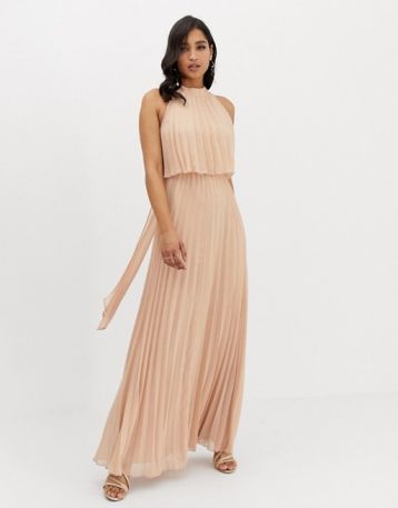 ASOS DESIGN halter tie neck maxi dress in pleat nude neutral