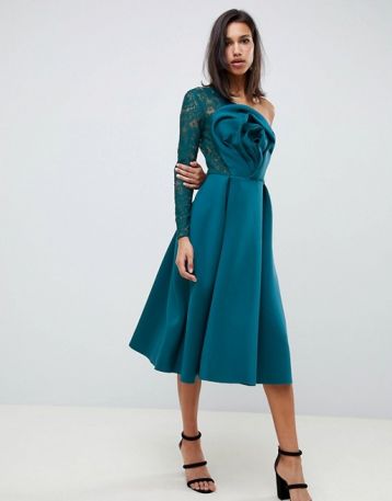 ASOS DESIGN Lace Sleeve Origami Midi Prom Dress Teal Blue