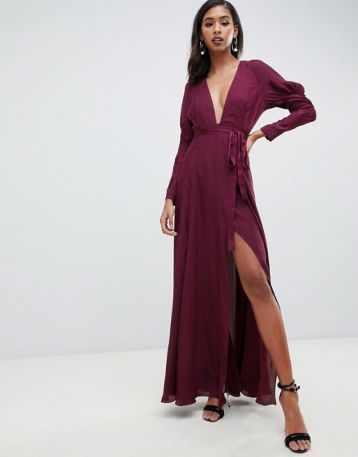 ASOS DESIGN maxi satin dress with sleeves Plum Purple