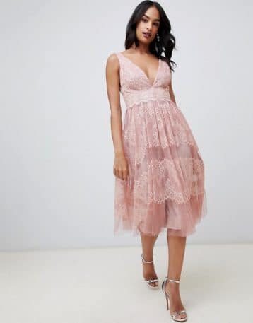 ASOS DESIGN midi dress in mesh with delicate lace panels pink blush