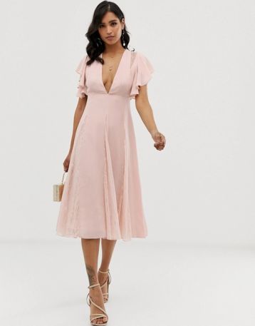 ASOS DESIGN midi dress with lace godet panels Light pink blush