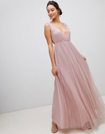 ASOS DESIGN Pleated Tulle Maxi Dress with Applique Lace Trim Blush Pink