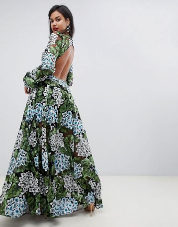 ASOS EDITION embroidered maxi with blouson sleeve & open back Green Blue