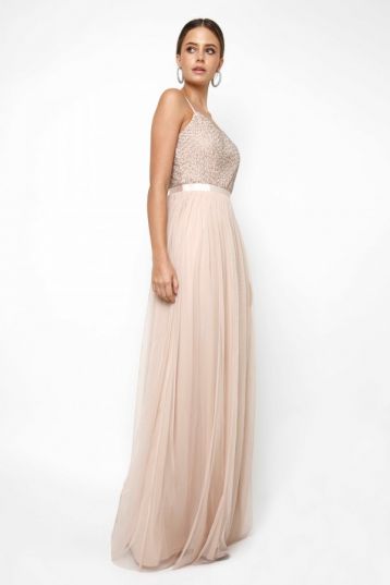 Lace & Beads Garnet Embelished Maxi Dress Pink Blush