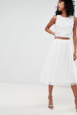 Lace & Beads tulle midi skirt white