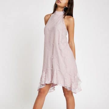 River Island Pink lace frill hem halter neck swing dress