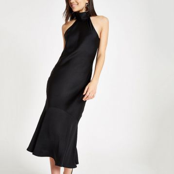 River Island Black high neck frill hem midi dress