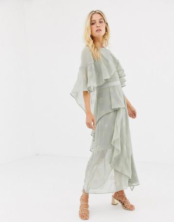 Stevie May Golden Frill Midi Dress Sage Green