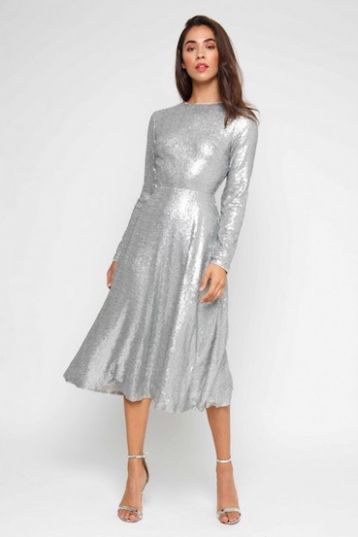 TFNC Venus Silver Midi Sequin Sleeve Dress