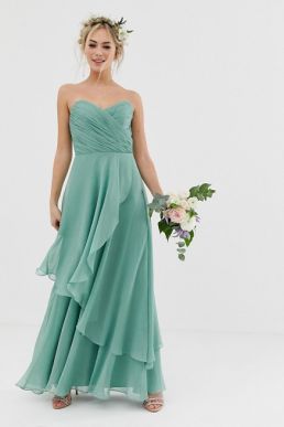 ASOS DESIGN Bridesmaid bandeau maxi dress with soft layer skirt sage green mint