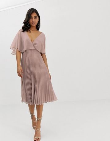 ASOS DESIGN flutter sleeve midi dress with pleat skirt light pink nude