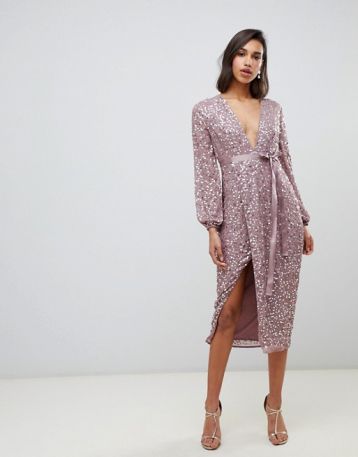 ASOS DESIGN midi dress in allover scatter sequin with ribbon tie waist blush pink