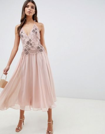 ASOS DESIGN midi dress with lace and embellished cami top blush pink