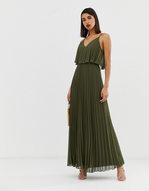 ASOS DESIGN Pleated crop top maxi dress Khaki Green