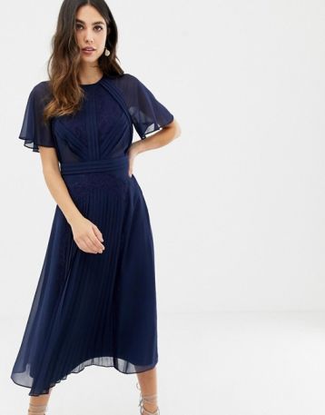 ASOS DESIGN pleated panelled flutter sleeve midi dress with lace inserts navy