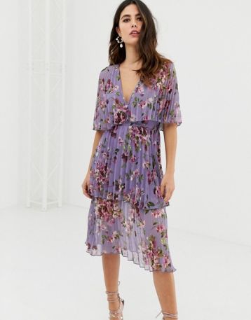 ASOS DESIGN soft pleated tiered midi dress in lilac floral multi