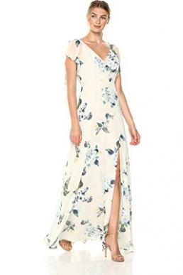 Jenny Yoo Alanna Flutter Sleeve Floral Chiffon Maxi Bridesmaid Dress Ivory Green