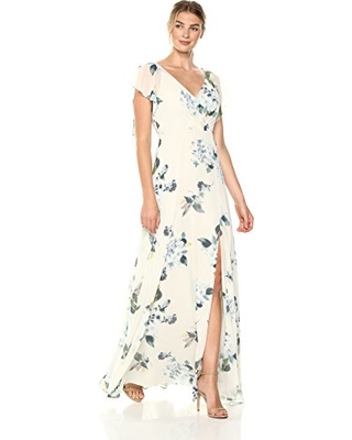 Jenny Yoo Alanna Flutter Sleeve Floral Chiffon Maxi Bridesmaid Dress Ivory Green myonewedding