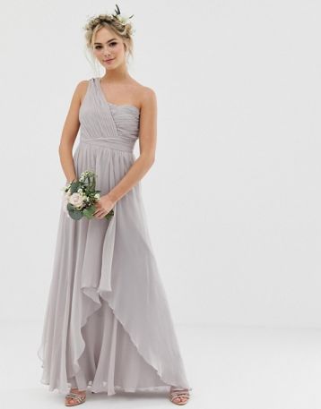 ASOS DESIGN Bridesmaid soft layer maxi dress with one shoulder pleated bodice Dove grey