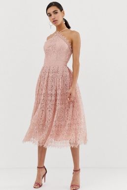 ASOS DESIGN lace midi dress with pinny bodice Pink Blush