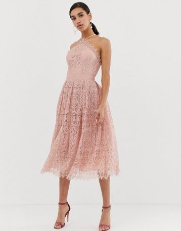 ASOS DESIGN lace midi dress with pinny bodice Pink Blush