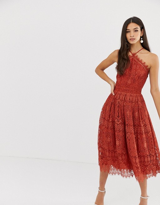 ASOS DESIGN lace midi dress with pinny bodice Rust Dark Orange