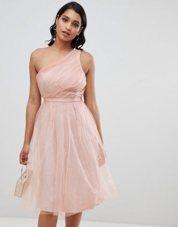 ASOS DESIGN one shoulder tulle midi dress with glitter lining Pink Blush