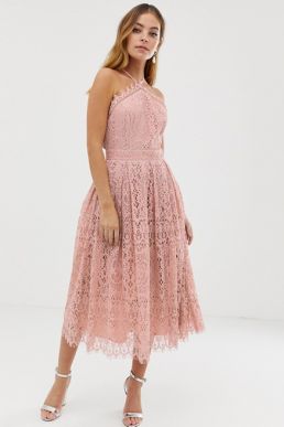 ASOS DESIGN Petite lace midi dress with pinny bodice Pink Blush