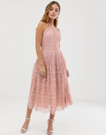 ASOS DESIGN Petite lace midi dress with pinny bodice Pink Blush