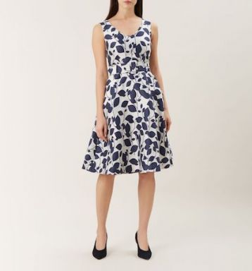 Hobbs Grace Leaf Print Dress Ivory Navy Blue