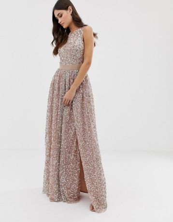 Maya bridesmaid long sleeve maxi tulle dress with tonal clearance delicate sequins in taupe blush