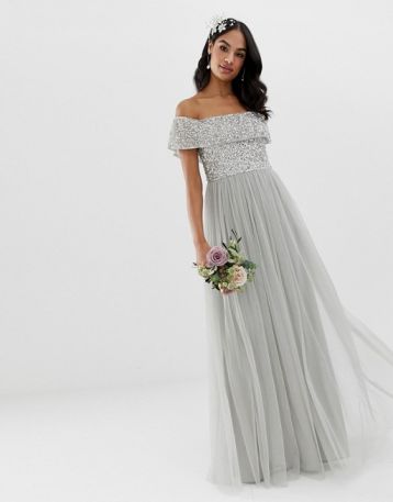 Maya Bridesmaid bardot maxi tulle sequin dress soft grey silver