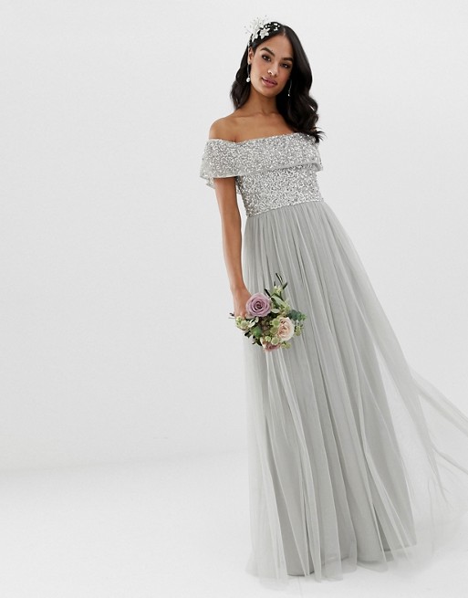 Maya Bridesmaid bardot maxi tulle sequin dress soft grey silver myonewedding