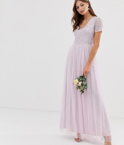 maya bridesmaid v neck maxi tulle dress with tonal delicate sequins