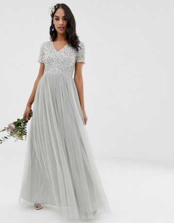 Maya Bridesmaid v neck maxi tulle sequin dress grey silver