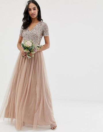 Maya Bridesmaid v neck sequin maxi tulle bridesmaid dress Taupe blush