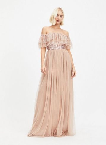 MAYA Pale Pink Bardot Sequin and Tulle Maxi Dress