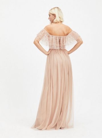 MAYA Pale Pink Bardot Sequin and Tulle Maxi Dress