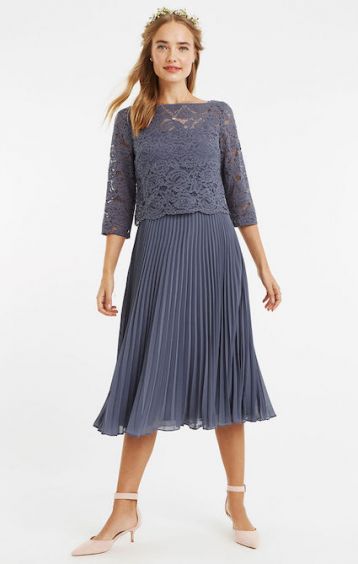 Oasis Ellie Lace Top Pleated Midi Dark Grey