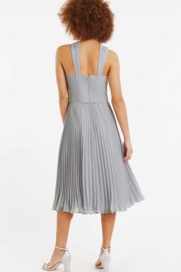 Oasis twist neck pleated midi dress in grey