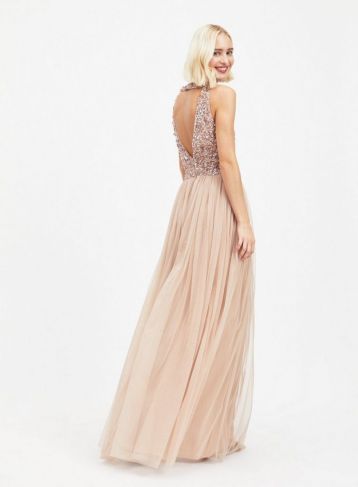 MAYA Cut Out Back Sequin and Tulle Maxi Dress