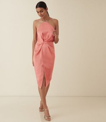 Reiss Paola halter cocktail strappy satin dress Coral Pink Orange