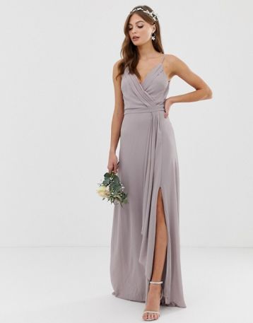 TFNC bridesmaid exclusive cami wrap maxi dress with fishtail in grey