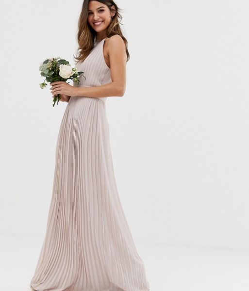 tfnc bridesmaid exclusive high neck pleated maxi dress in taupe