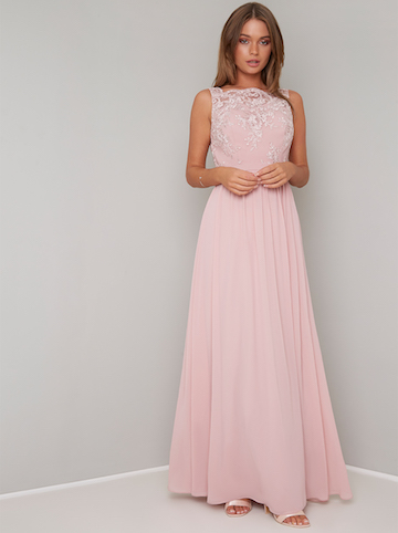 blush pink maxi bridesmaid dress