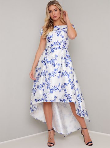 Chi Chi Simone Floral Bardot High Low Dress Blue White